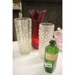 Two 1960's Glass Vases, Red Studio Glass Vase and a Green Glass Chemist Bottle