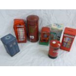 Five tin money boxes including BBC Doctor Who Police Box, boxed Telephone Kiosk, Telephone Box and