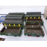 Ten large scratch built railway wagons and carriages made from wood and tin wheel scale 3.2''