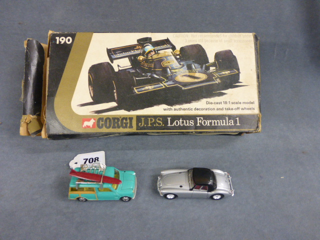 Boxed Corgi 190 JPS Lotus Formula1 (tatty box) plus Corgi Austin Mini Countryman and Corgi MGA