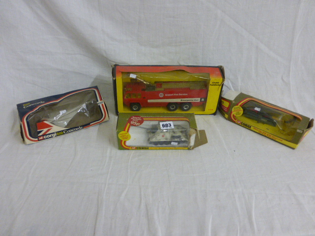 Four boxed Corgi die cast vehicles including 923 Sikorsky CH-54A Skycrane US Army Helicopter, 650