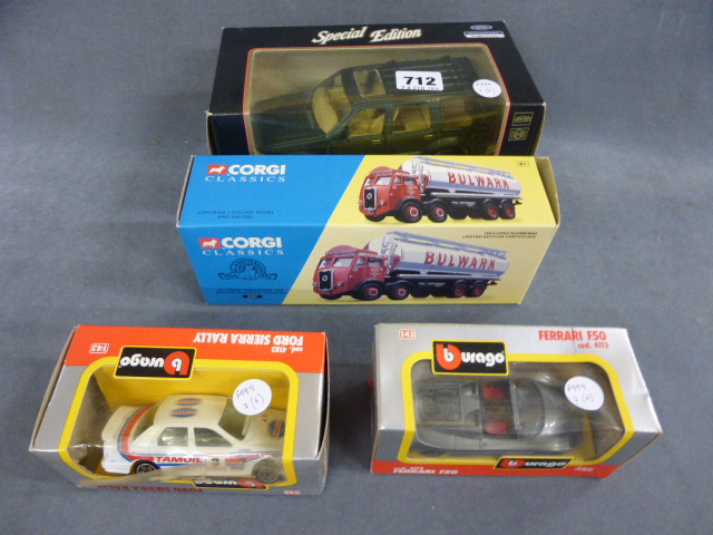 Four Boxed Die Cast Vehicles including Corgi Bulwark Atkinson Tanker, Maisto Ford Explorer, Burago