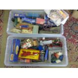 Two large boxes of model railway accessories, mainly Hornby Dublo including station, boxed items,