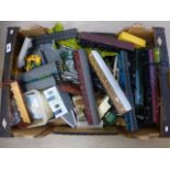 Box of OO gauge model railway items including stations, trackside accessories, two Hornby Northern