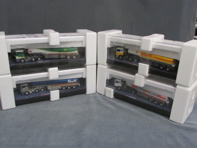 Four cased & sealed Corgi Modern Trucks including 75101 Gulf Oil, 75103 BP, 75102 Shell and 75104