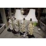 A Pair of Onyx Lamps, Japanese Lady Table Lamp and Two Pairs of Resin Figure Tables Lamps