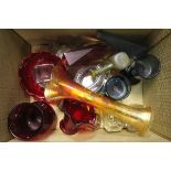 A Carnival Glass Vase plus other Glassware including sweets, red glass bowls etc