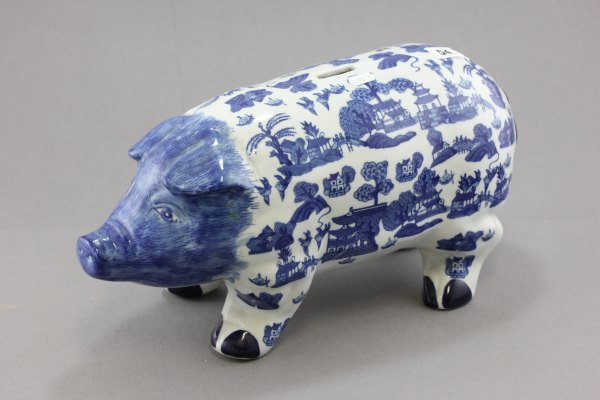 A Large Willow Patterned Ceramic Pig Moneybox