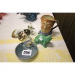 A Royal Doulton Small Character Jug, Royal Doulton Cat, Irish Wade Ducket Dish plus a Ceramic Dog