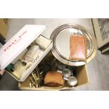 A Porthole Style Mirror, Vintage First Aid Tin and contents, Six Pewter Penang Mugs, Camera, Brass