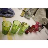 Two Mary Gregory Green Glass Beakers, Cranberry Glass Jug, Red Cut Glass Scent Bottles plus other