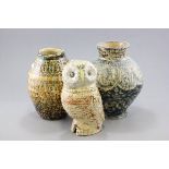 A Pottery Owl and Two Similar Large Vases