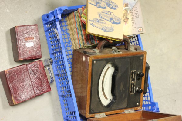 A Vintage Wooden Boxed Sangami Weston Voltmeter, Red Tooled Leather Travelling Set and a Quantity of