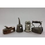 A Vintage Metal Flour Shaker, Metal Funnel, Clock Plane and Flat Iron