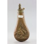 A 19th century Copper and Brass Powder Flask with Game Bird and Hare Embossed Decoration