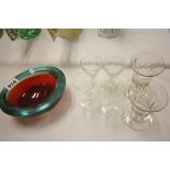 A Studio Coloured Glass Bowl and Six 19th century Glasses