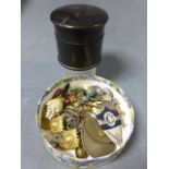 A Victorian Lacquered Circular Pot and Lid with various costume jewellery, buttons etc