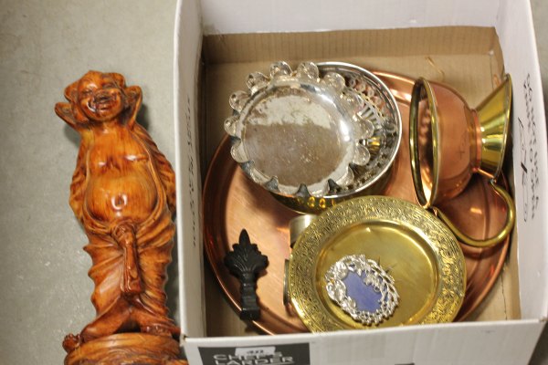 A White Metal Indian Bowl with snake handle, Chinese Figure and Various Silver Plate, Copper and