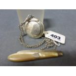 A Silver Pendant Compact on Chain plus a Mother of Pearl Fruit Knife with silver blade