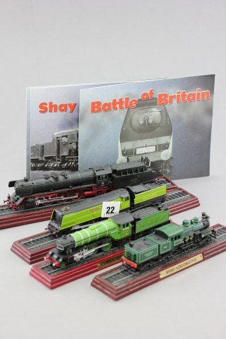 Four Train Engines with Tenders on plinths - Shay Locomotive, LNER V2 Green Arrow, DB01 Class and