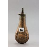 A 19th century Copper and Brass Powder Flask with Hunting Dog Relief Panel