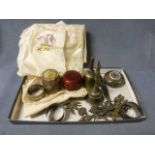 A Tray of Small Mixed Collectibles including Cornish Serpentine, Eastern Handles, Bells, Lace etc