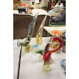 Three Coloured Glass Long Tailed Birds and another Glass Bird