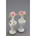 A Pair of Victorian Vaseline Glass Jugs with pink and yellow edged frill and handle