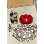 A Chrome Oil Lamp (converted to electric) with red glass shade plus a Tiffany style Central Light