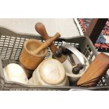 A Group of Kitchenalia including Jelly Moulds, Two Pestle and Mortars, Herb Chopper, Butter Pats etc