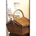 Wicker Double Opening Picnic Basket with contents together with two other Wicker Picnic Baskets