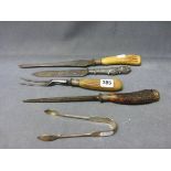 Three Antler Handled Carving Utensils plus a Bread Knife and a Pair of Sugar Tongs