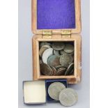 Wooden box with a quantity of GB coins with some silver