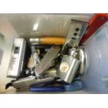 A Tub containing Pen Knives, Cameras, Hip Flask etc