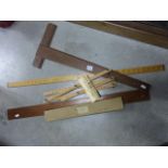 Wooden Yard Rule, Set Square Rule and another Rule plus a Boxed Reeves No. 3A Pantograph