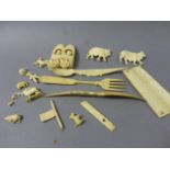 Collection of Small Ivory Items including Animals, Carriage Spoon and Fork, etc