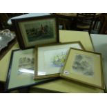 Collection of Pictures including Pair of Hunting Prints, Charcoal Picture of Church signed S B P