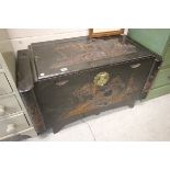 Early 20th century Oriental Ebonised Blanket Box with relief decoration