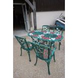 Metal Garden Table and Four Chairs painted Green with Red and White Flowers