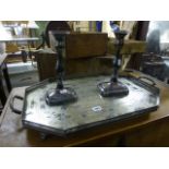 An Antique Silverplated Galleried Tray and a Pair of Silverplated Candlesticks