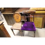 Victorian Oak Hall Chair plus a 19th century Bar Back Dining Chair with Purple Upholstered Seat