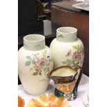 Pair of Early 20th century Floral Patterned Vases plus a Royal Doulton Character Jug