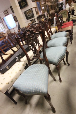 Set of Four 19th century Dining Chairs with blue upholstered seats