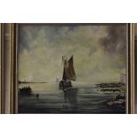 Oil on Board of Sailing and Rowing Boat by Shore signed Candy