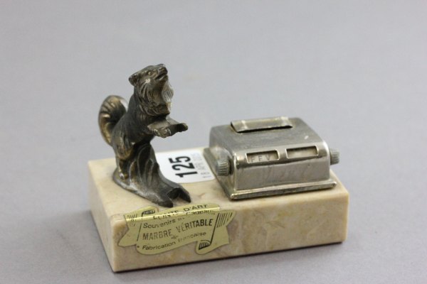 French Art Deco Desk Calendar showing day and month with cast dog on marble base