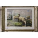 Gilt Swept Framed Oil Painting Pastural Scene with Sheep on a Headland