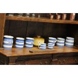 Collection of T G Green Cornishware including 3 Jugs, Milk Jug, Cup, Rice & Sugar Storage Jars