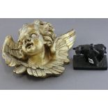 Carved Gilt Wooden Cherub Wall Plaque plus a Bronze Effect Style Man with Cow