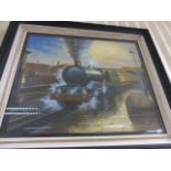 Framed Oil Painting of 1950's Scene with Steam Train in a Station