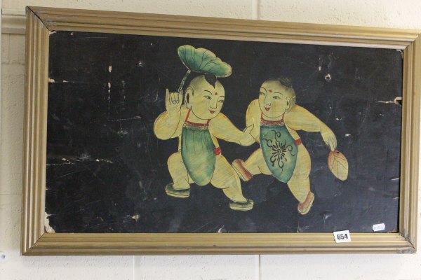 Oriental School, Antique Oil Painting on  Panel Portrait of Two Dancing Figures, unsigned, wax